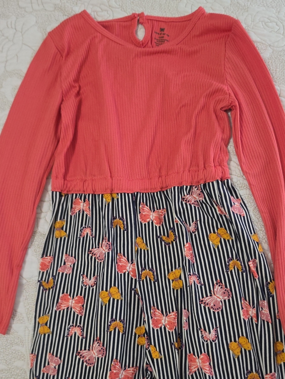 One Step Ahead Coral Pink Top with Striped Butterfly Skirt One-Piece